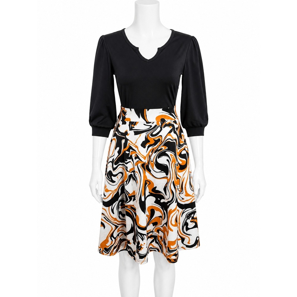 Women's Abstract Marble Print Fit & Flare Midi‎ Dress Black Orange Size S NWT